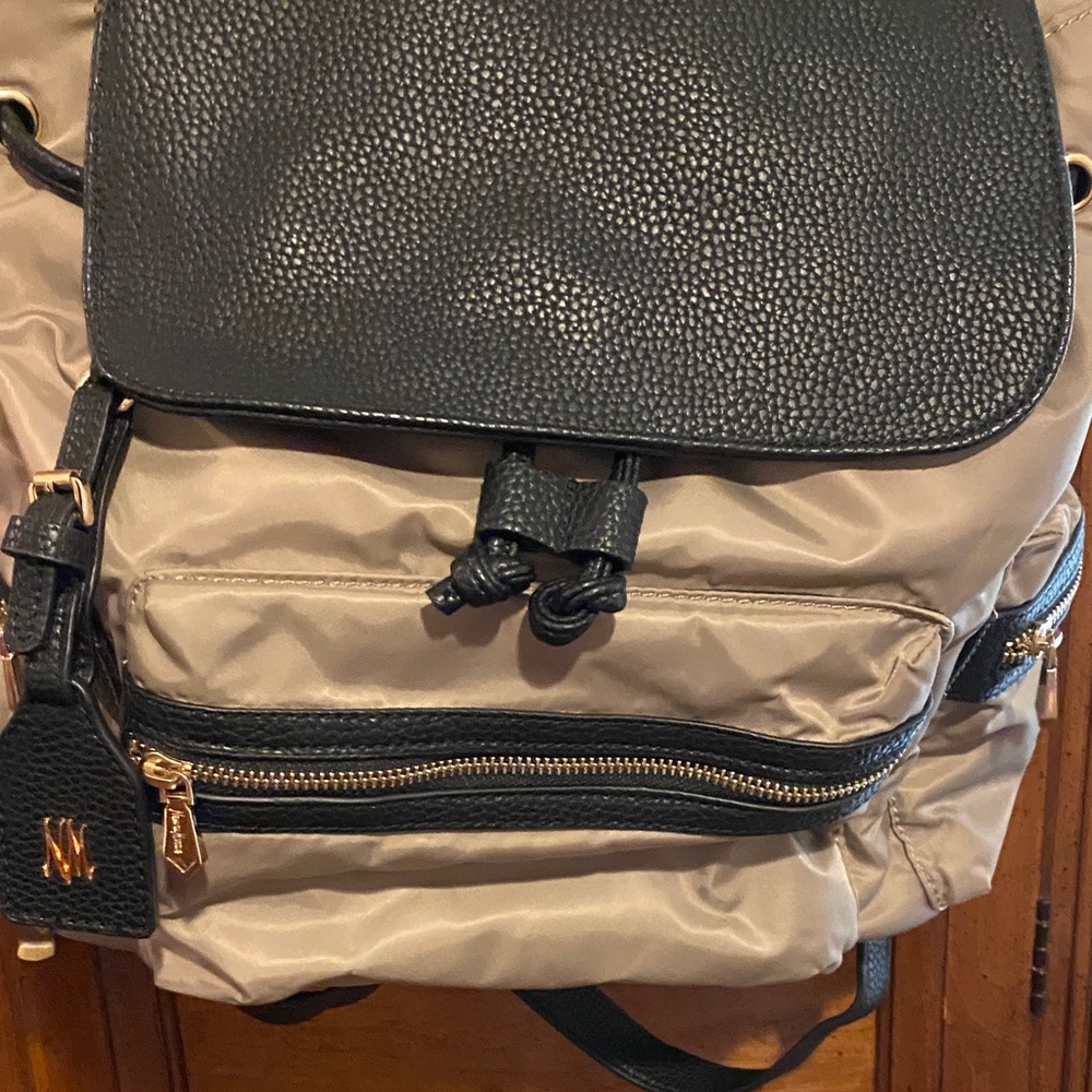 Neiman Marcus Beige and Black Backpack with Gold Accents